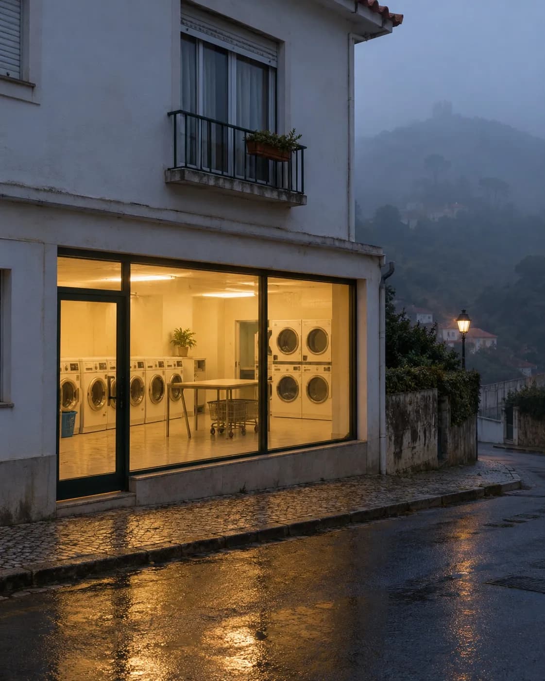 Pequena montra de lavandaria iluminada numa rua de Sintra com nevoeiro, ao entardecer